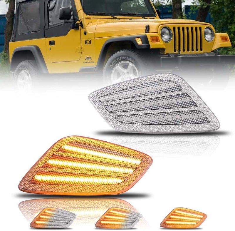 OFFKAT Sequential Front Fender LED Side Marker Lights for 1997-2006 Je-ep Wrangler TJ, TJ Clear Lens Side Bumper Marker Lamps, [Ultra-Bright] Amber LED Side Markers Turn Signal Lights, 2 PCS - Image 1